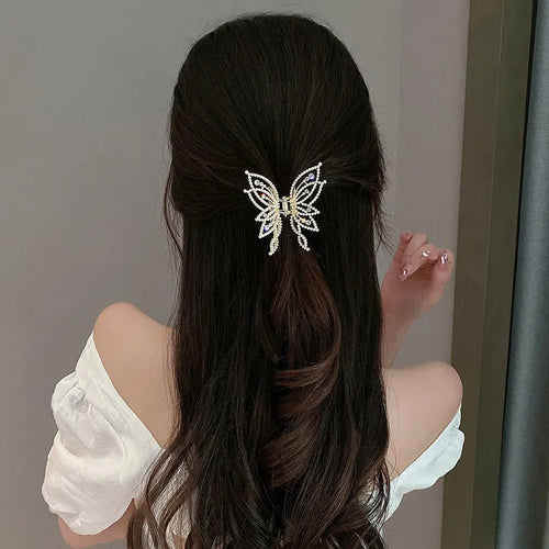 Butterfly-shaped alloy hair clip for women with rhinestone or pearl style decoration