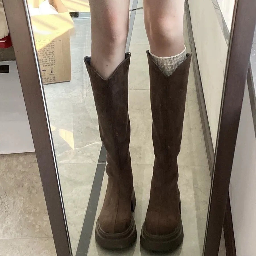 Women's solid colour wide-leg high-elasticity boots with mid heel and waterproof platform, available in black and brown