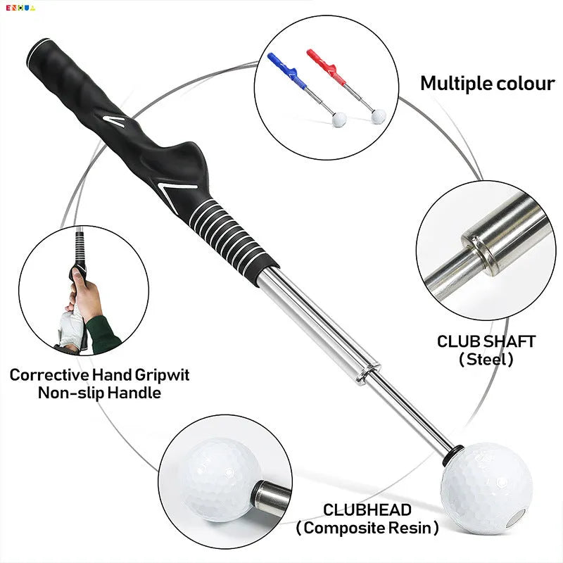Telescopic golf swing simulator in stainless steel construction showing adjustable design