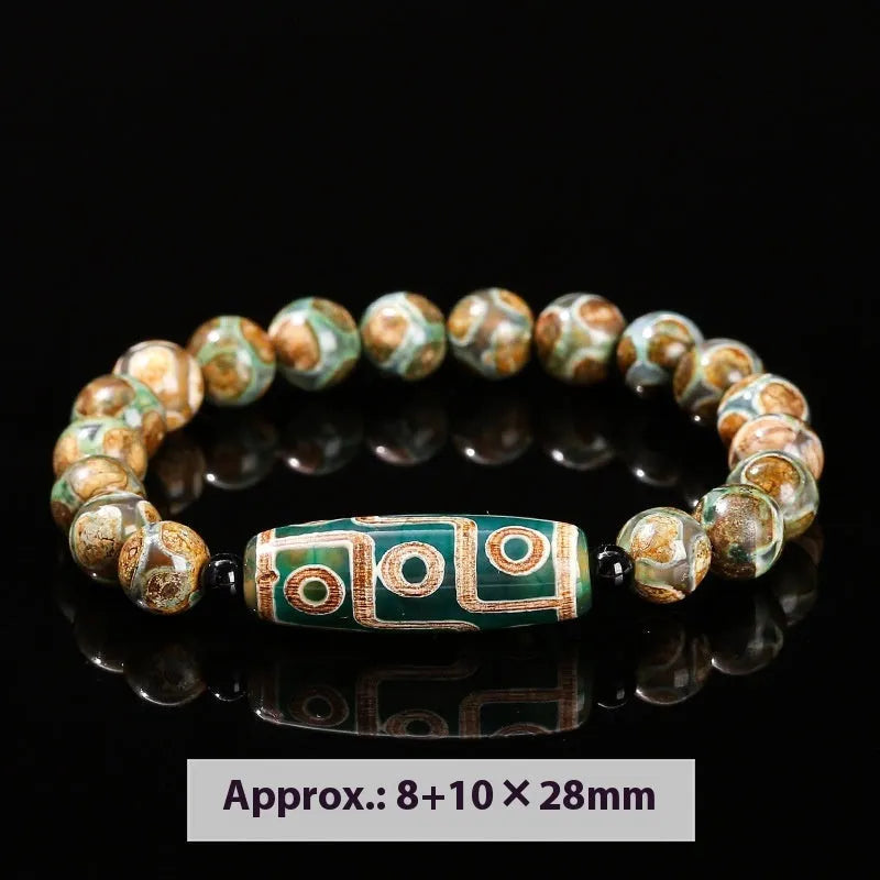 Handmade green dzi bead bracelet with barrel-shaped agate beads in unisex national style design