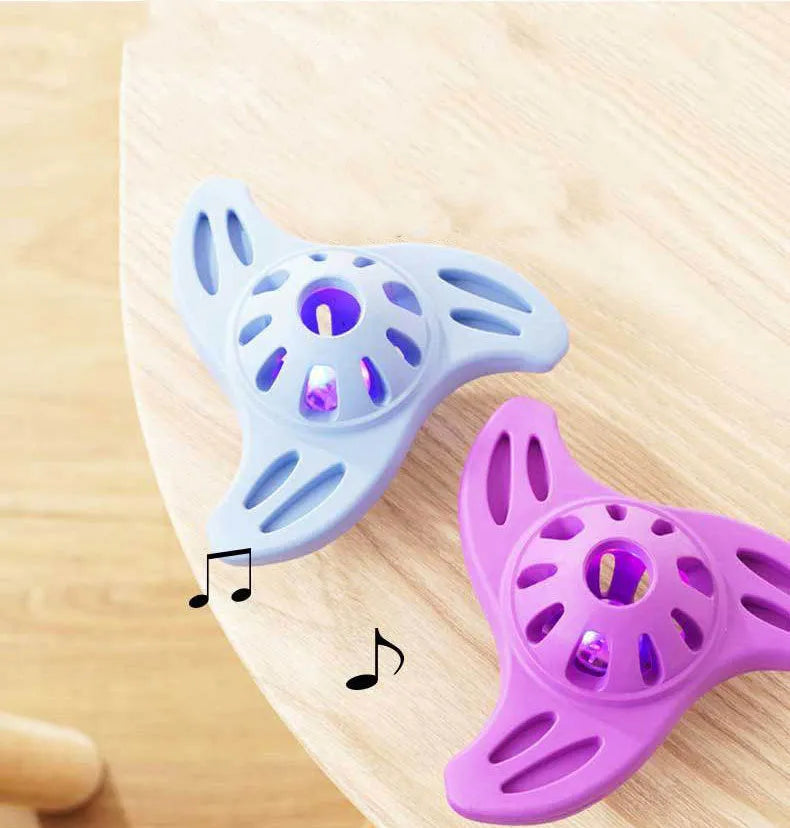 Blue boomerang-shaped dog chew toy with textured molar ridges