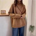 Women's loose fit turtleneck sweater with curling pile collar in thick polyester fabric