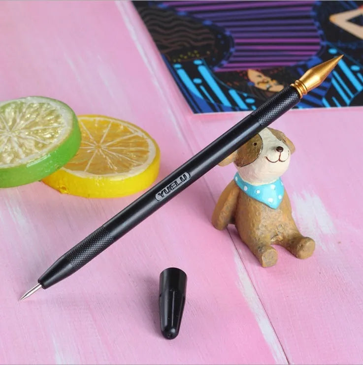 Scratch painting tools kit showing healing pen models, scrapers, brushes, and photo frames for creative art projects