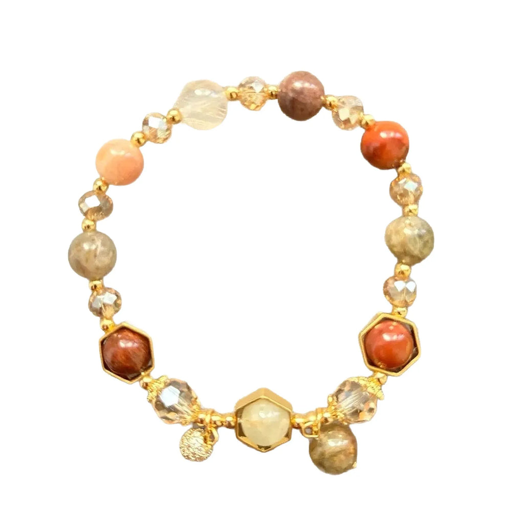 Gold citrine bracelet with hand-woven 8mm beads featuring Chinese auspicious charms