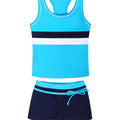 Girls two-piece split boxer swimsuit with chest pad in blue, hot pink, watermelon red, sizes M to 4XL