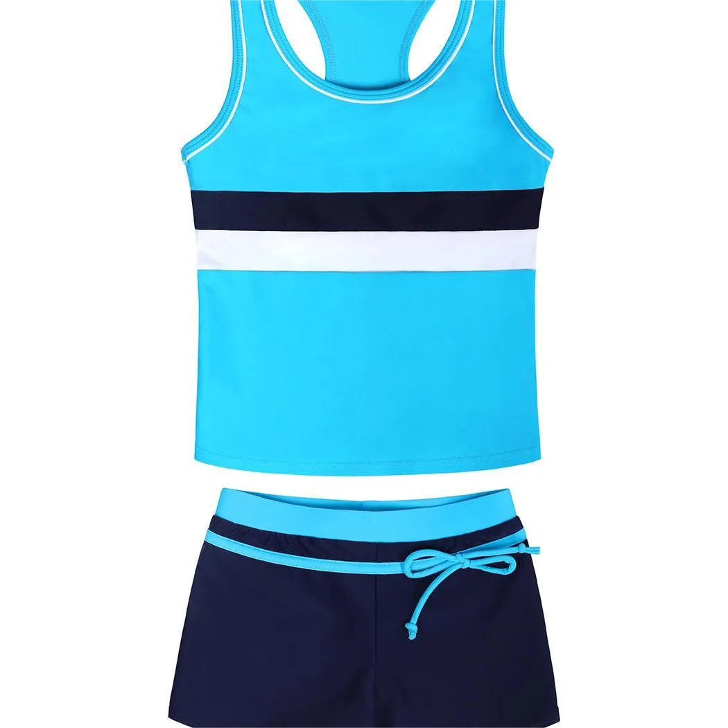 Girls two-piece split boxer swimsuit with chest pad in blue, hot pink, watermelon red, sizes M to 4XL