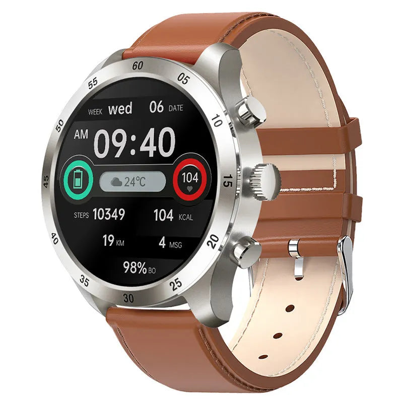 Black Bluetooth smart watch for Apple iOS with a steel strap, showing call and health monitoring functions on its display.