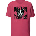 Rose red loose fit summer T-shirt with short sleeves and round neck on model