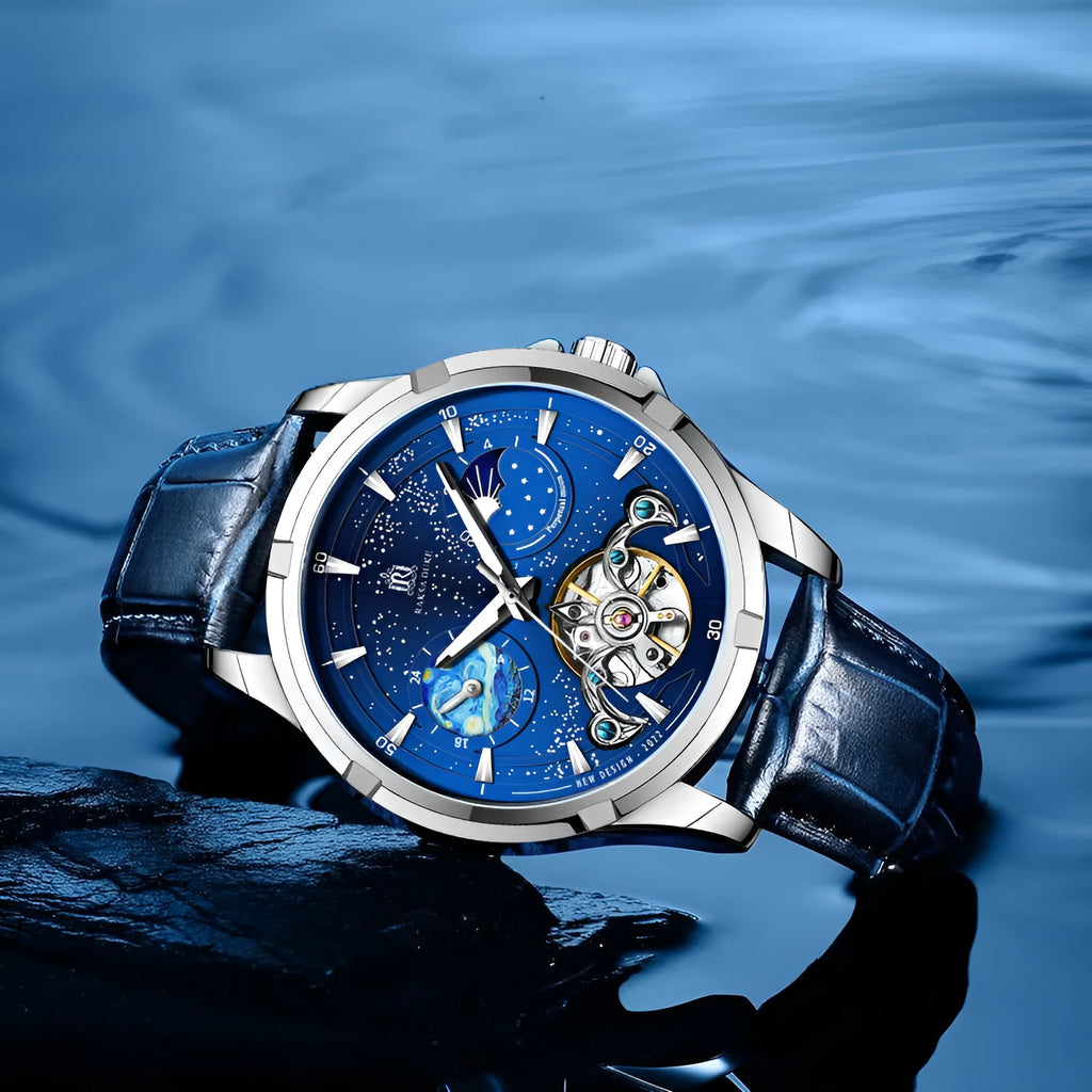Men's blue dial automatic mechanical watch with day date display on stainless steel band