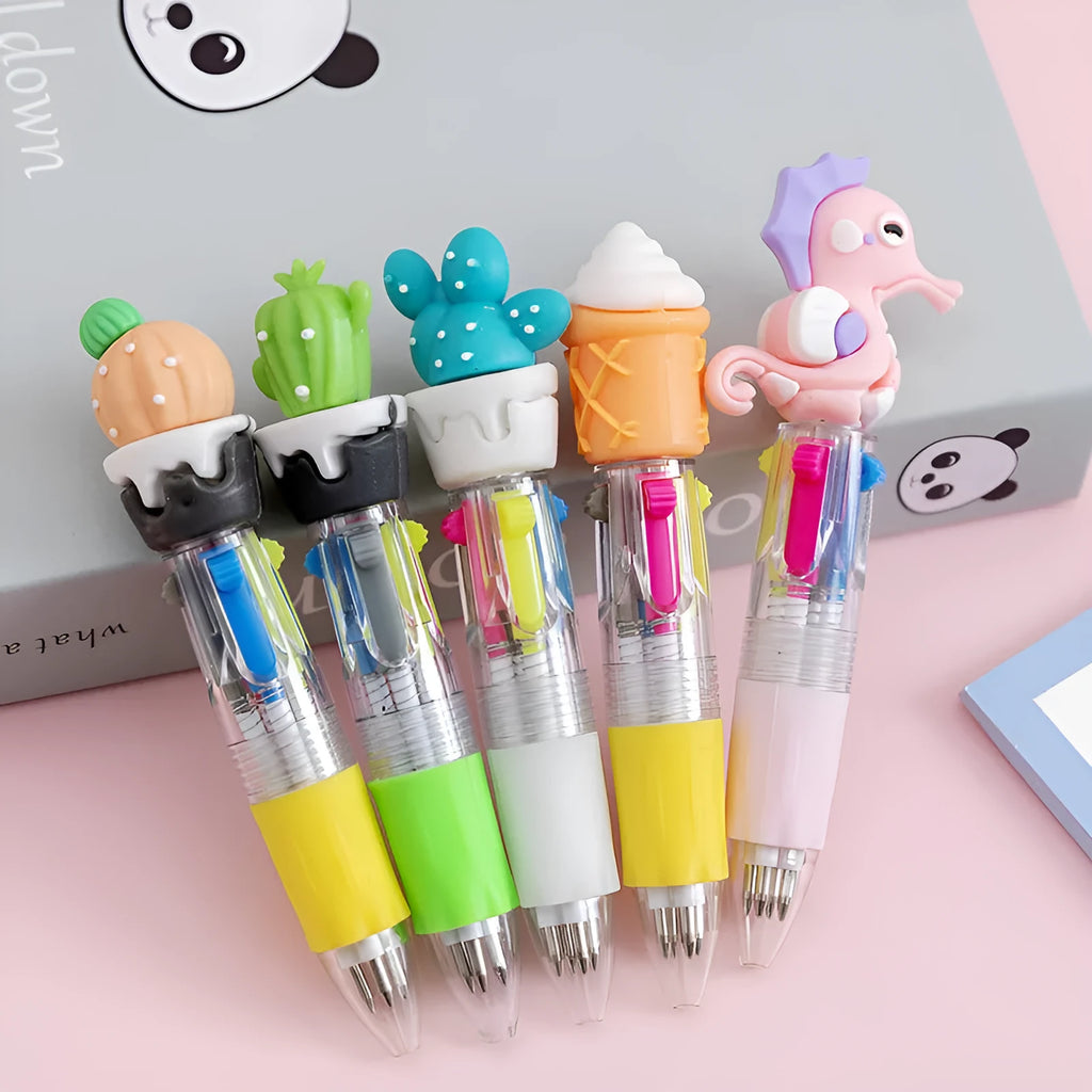 Cartoon four-colour press ballpoint pen with 0.7mm tip in random cute design