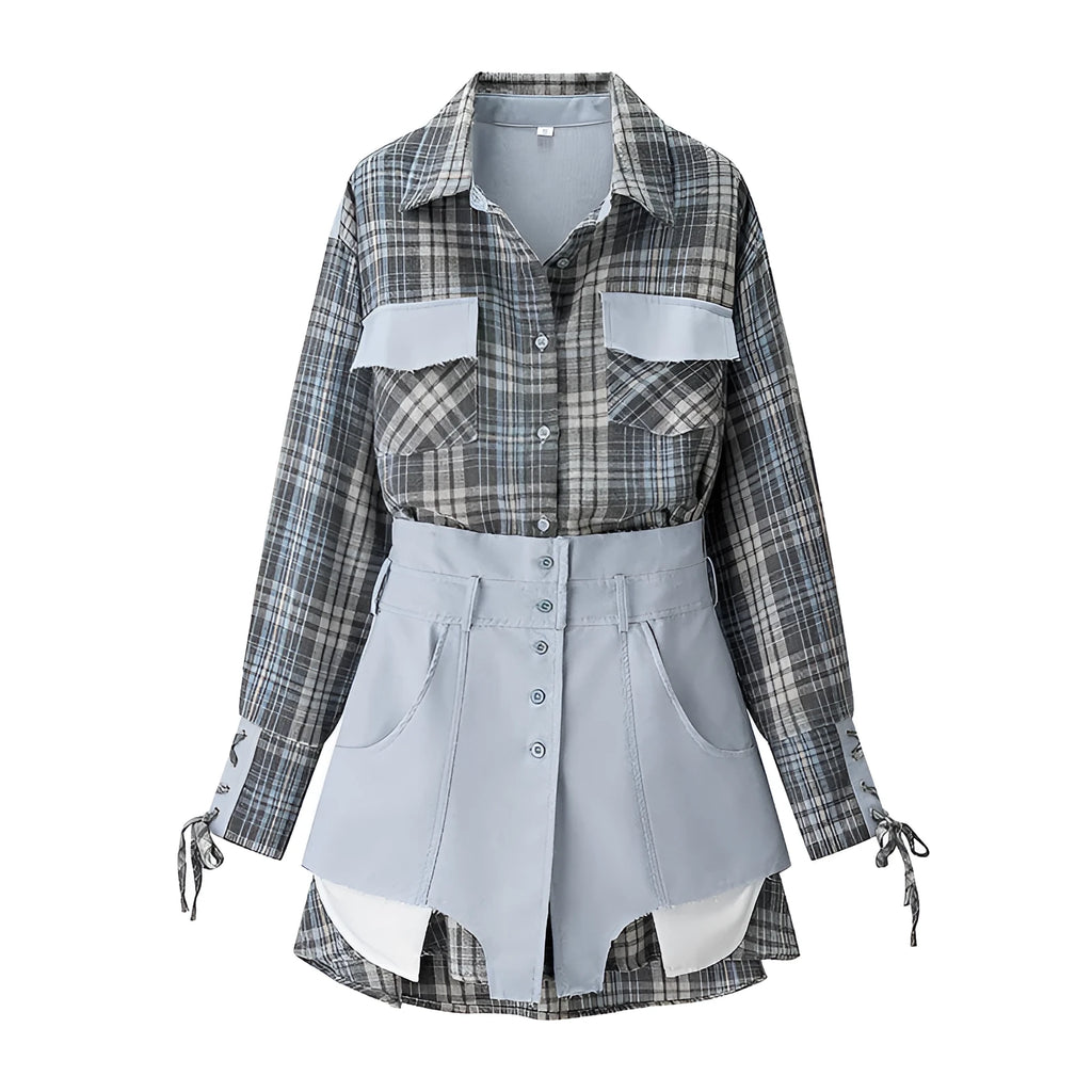 Women's loose plaid shirt and short skirt two-piece set in solid colour with button front and long sleeves, intellectual style, polyester blend fabric.