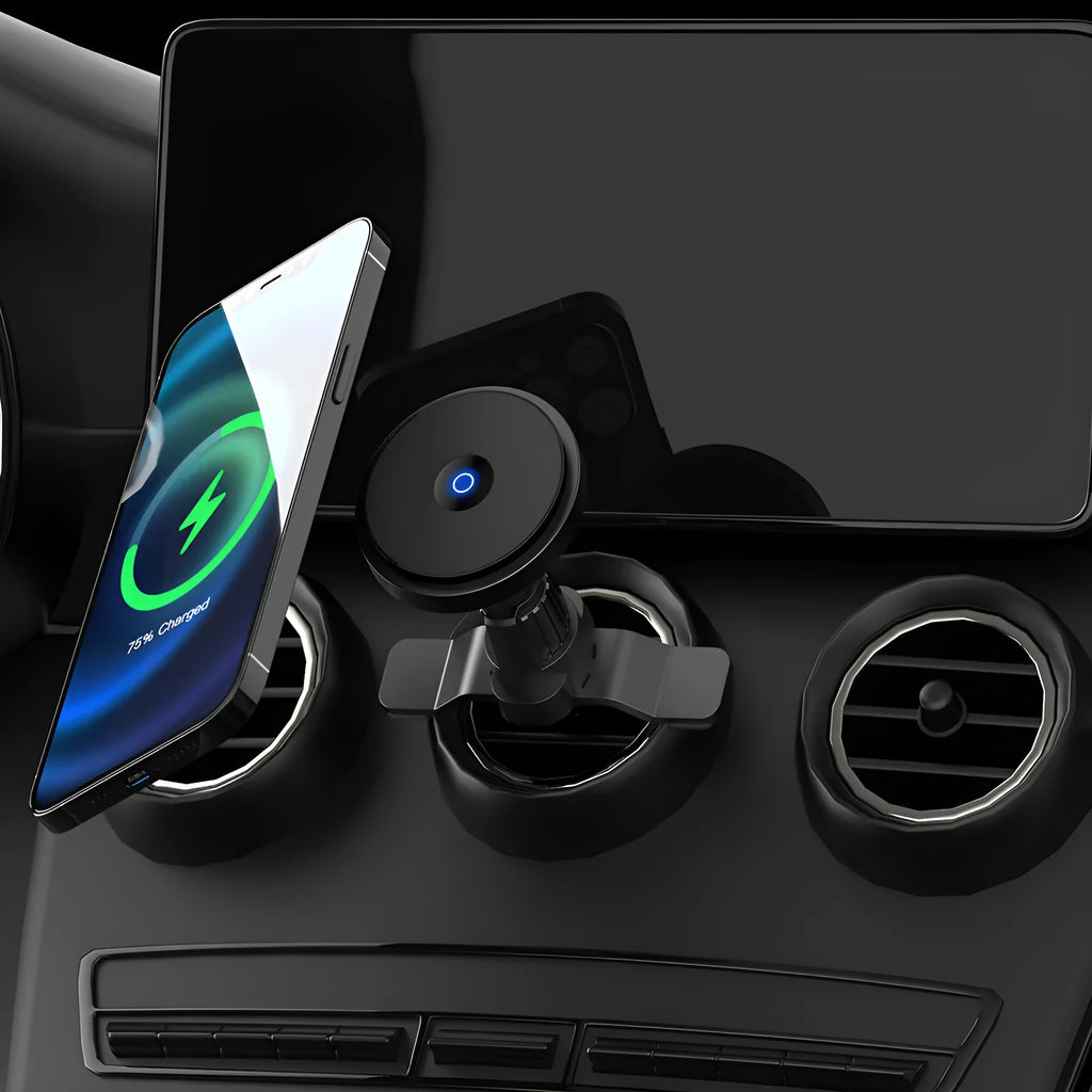 Black 15W magnetic fast charging car wireless charger mounted on a car air vent.