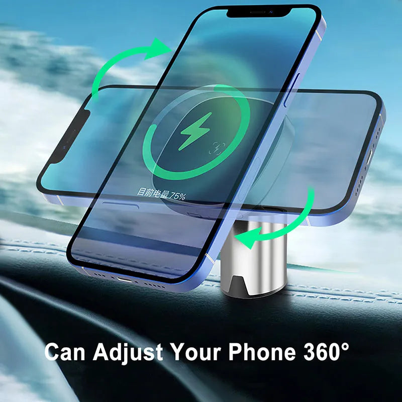 Grey magnetic wireless car phone charger holder for iPhone 12 series on dashboard