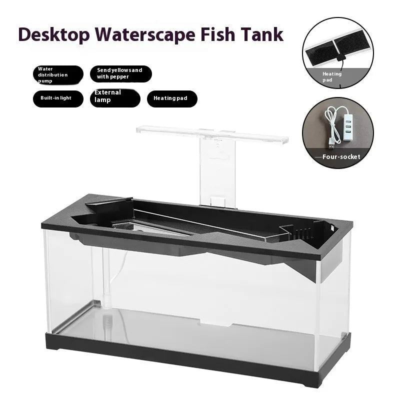 Small acrylic lazy aquarium with integrated filter, water pump, built-in lamp, heating mat, and external light on a desk