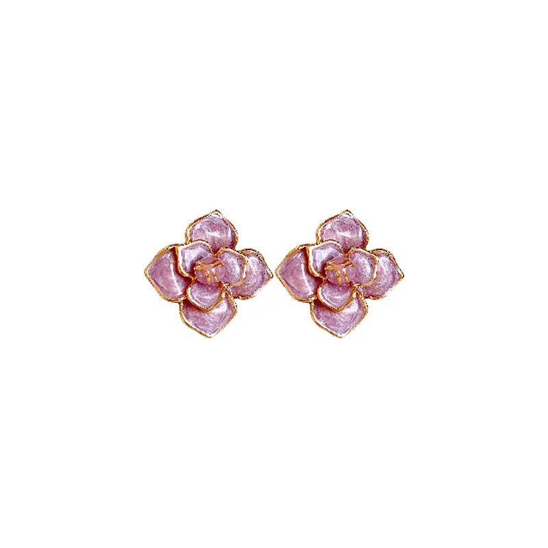 Purple oil-spot glaze flower stud earrings with gold plating on 20mm copper base using traditional silver needle technique