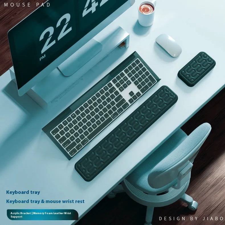 Double-sided memory foam keyboard and mouse pad with wrist support in various colours.