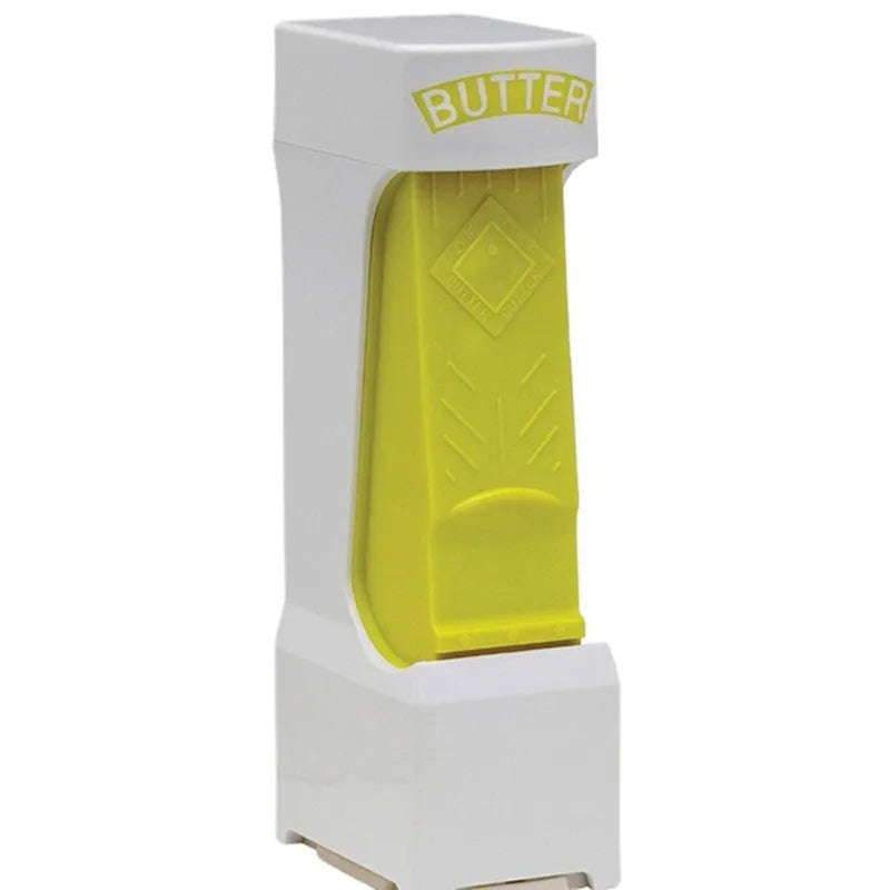 Yellow plastic butter cutter with stainless steel blade for quarter-pound butter bars