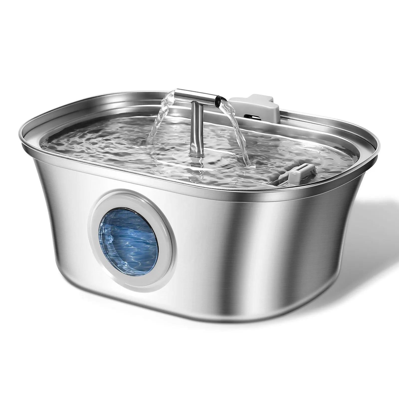 Stainless steel pet water dispenser with large 4-litre tank and selectable water outlet design