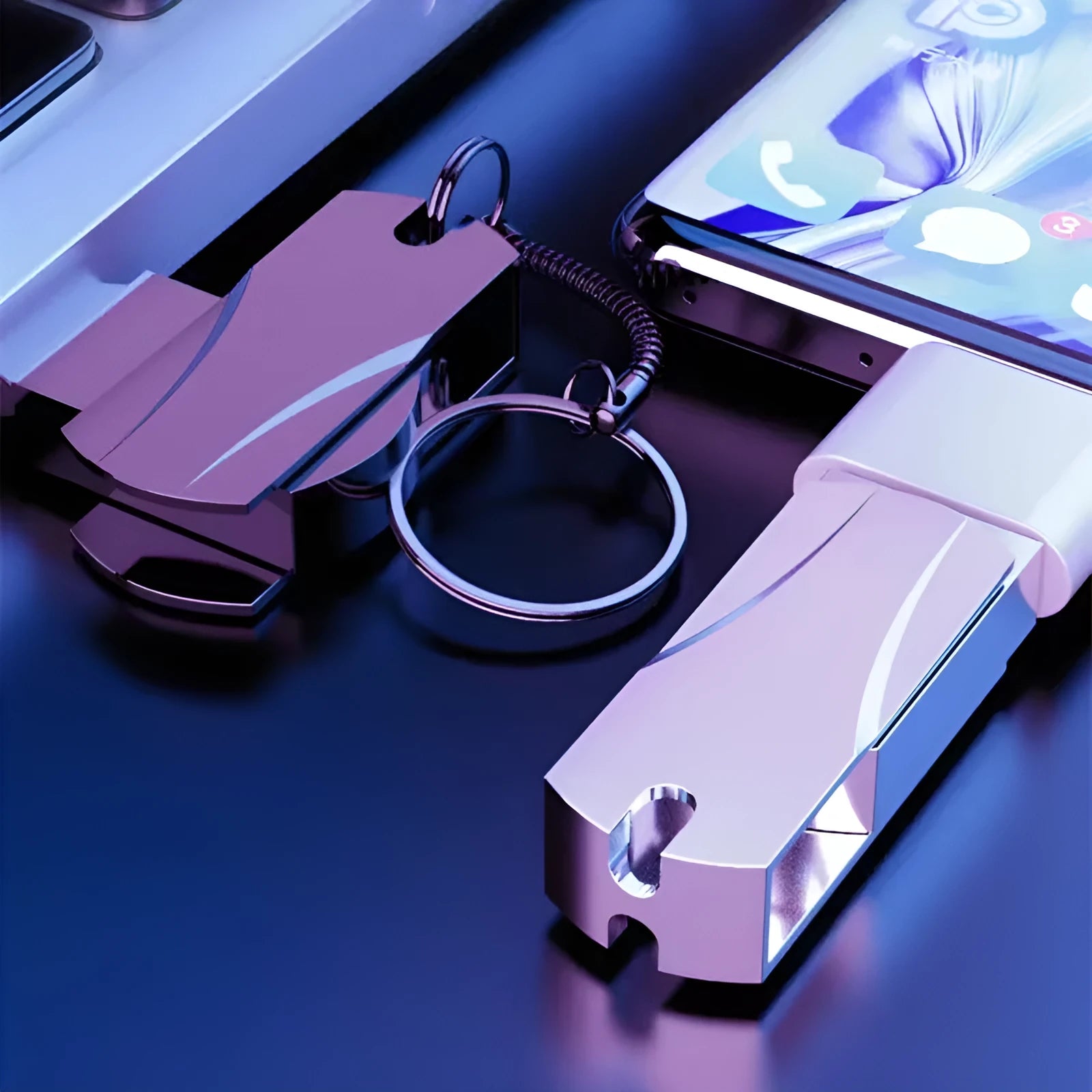 Metal rotating USB flash drive in black with USB 3.0 connector showing compact design
