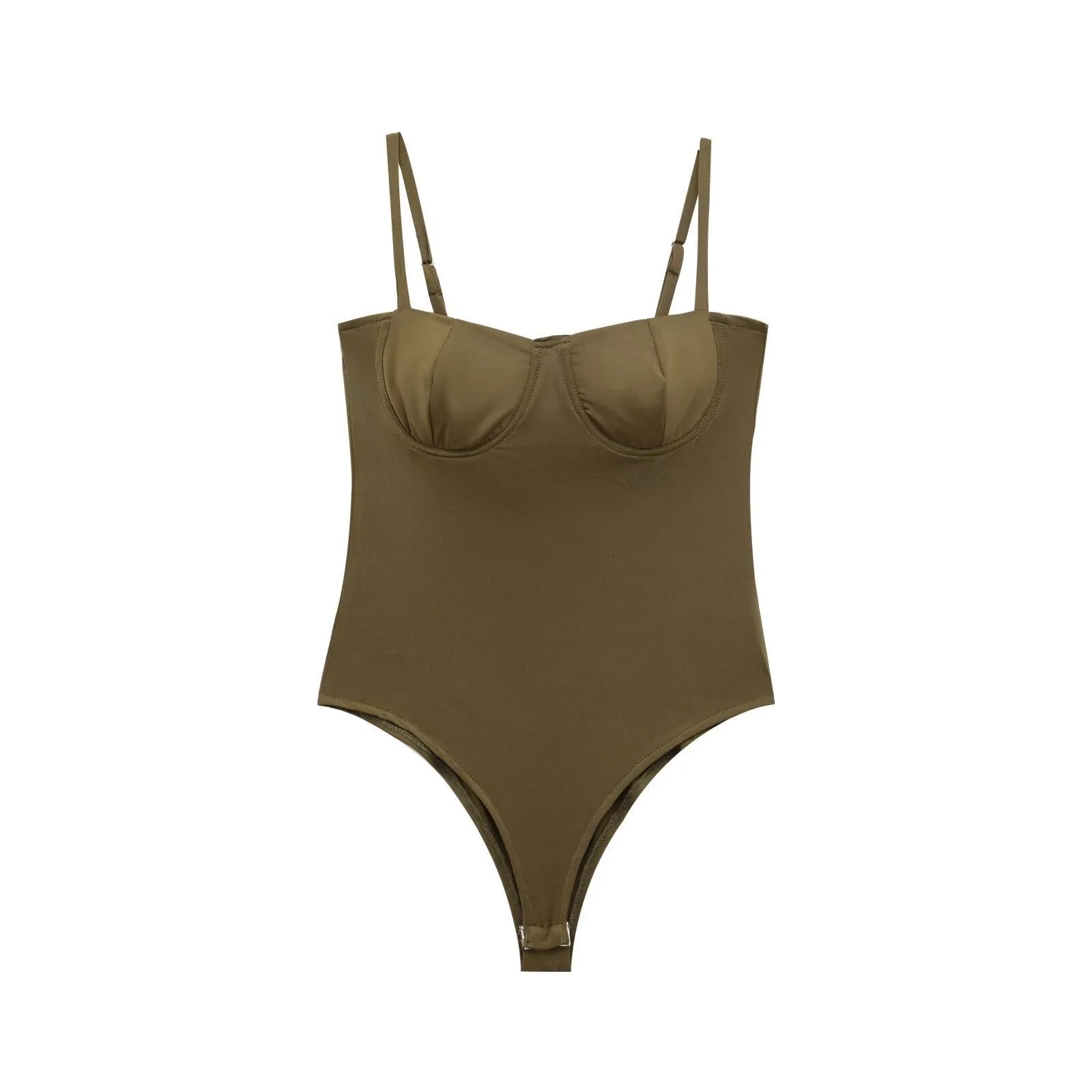 Slim-fit high waist silk satin textured jumpsuit in olive green, sleeveless with short pants, polyester fiber