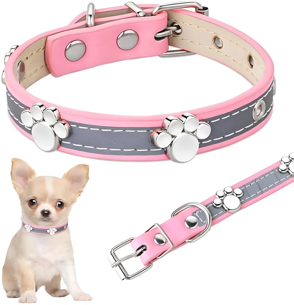 Reflective PU leather dog collar with metal buckle and cute paw rivet decoration, shown in multiple sizes.
