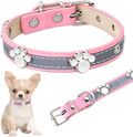 Reflective PU leather dog collar with metal buckle and cute paw rivet decoration, shown in multiple sizes.