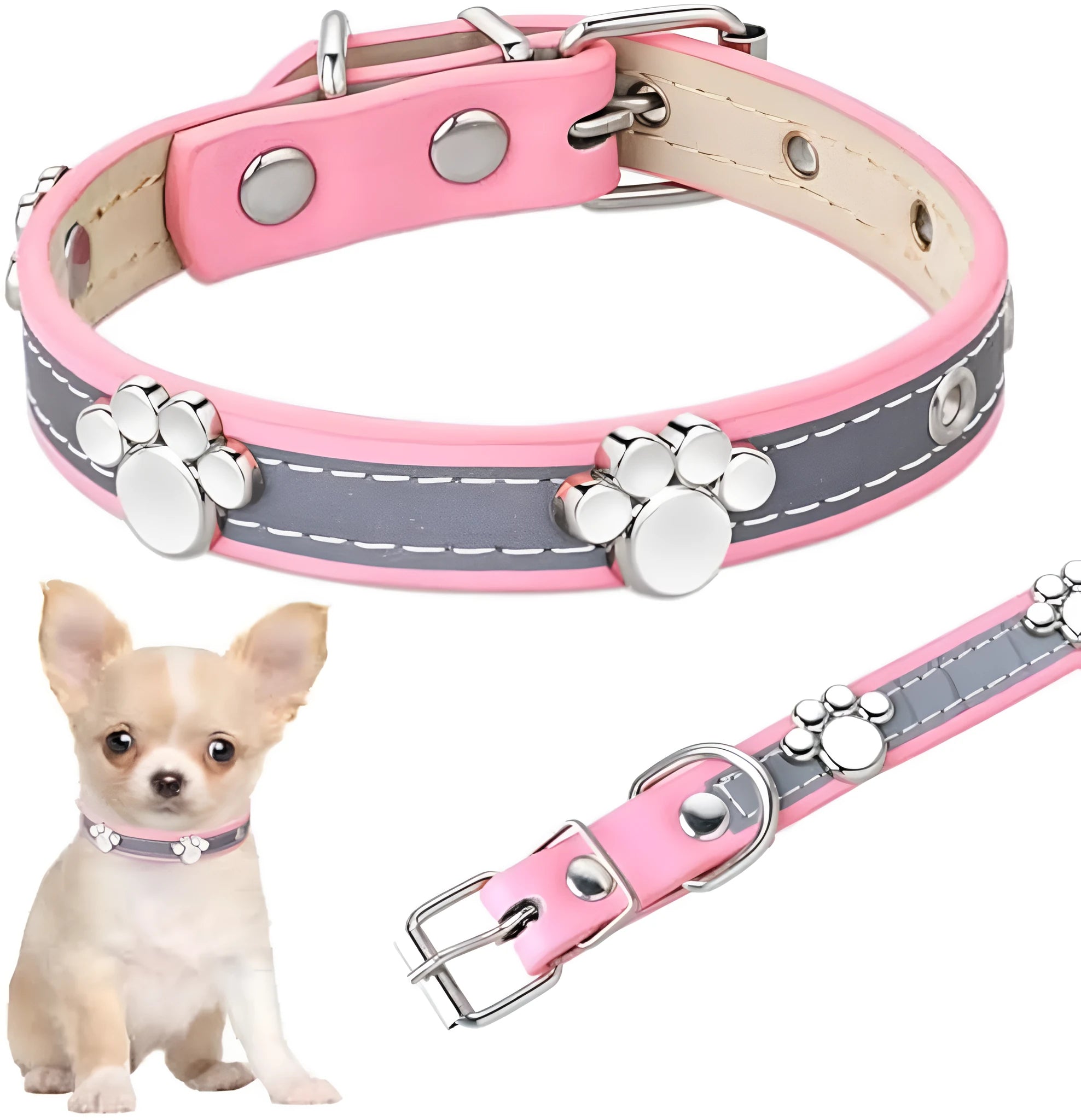 Reflective PU leather dog collar with metal buckle and cute paw rivet decoration, shown in multiple sizes.