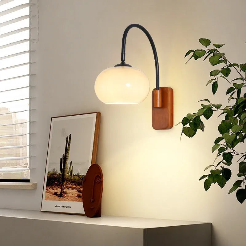 Creative retro glass wall LED lamp with walnut colour iron finish and milky white 32cm shade