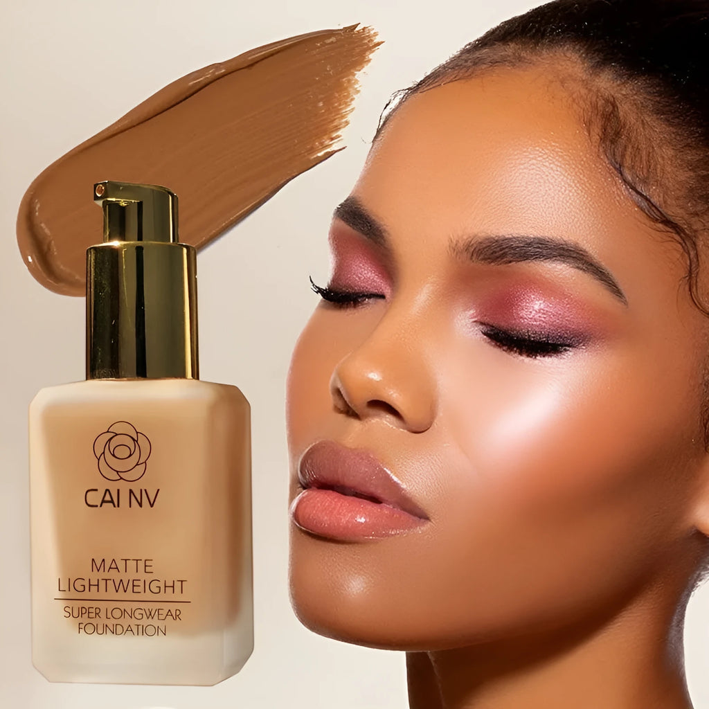 Liquid foundation bottle with discolouration resistance for mixed skin types in six shade options