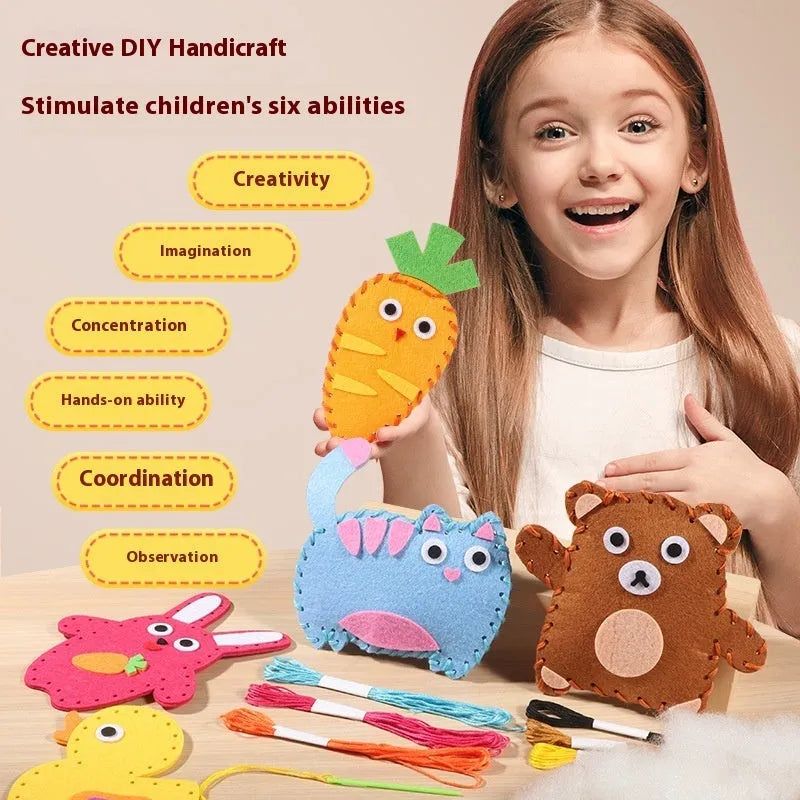 Children's non-woven handmade sewing kit with dinosaur shape and sewing tools in colour box