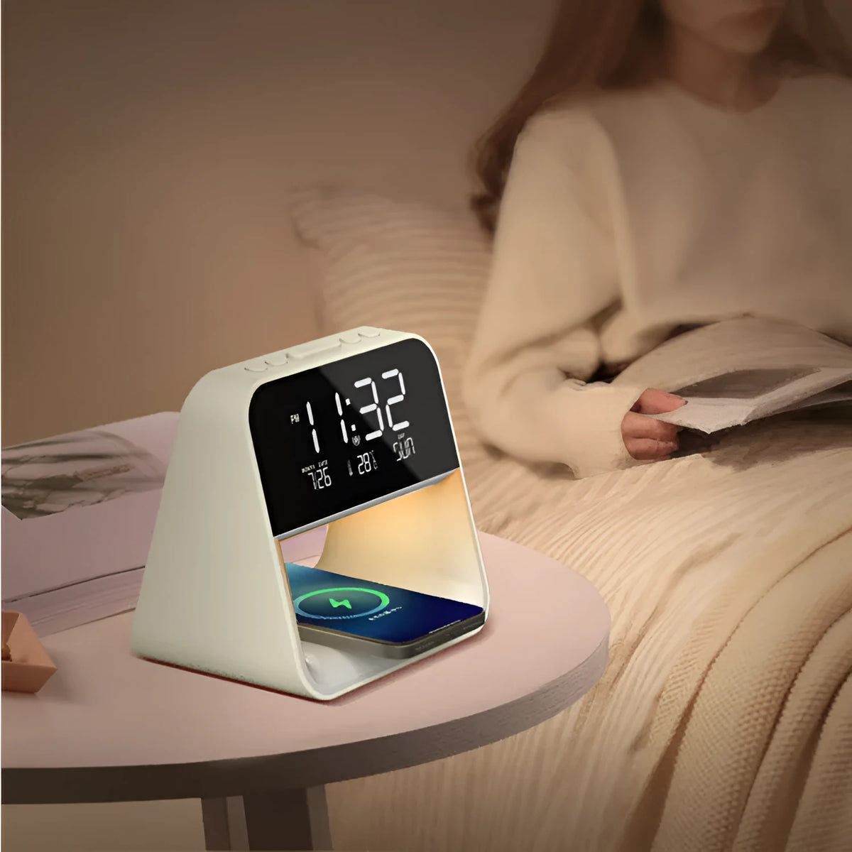 White multifunctional bedside lamp with wireless mobile phone charger and alarm clock on a nightstand