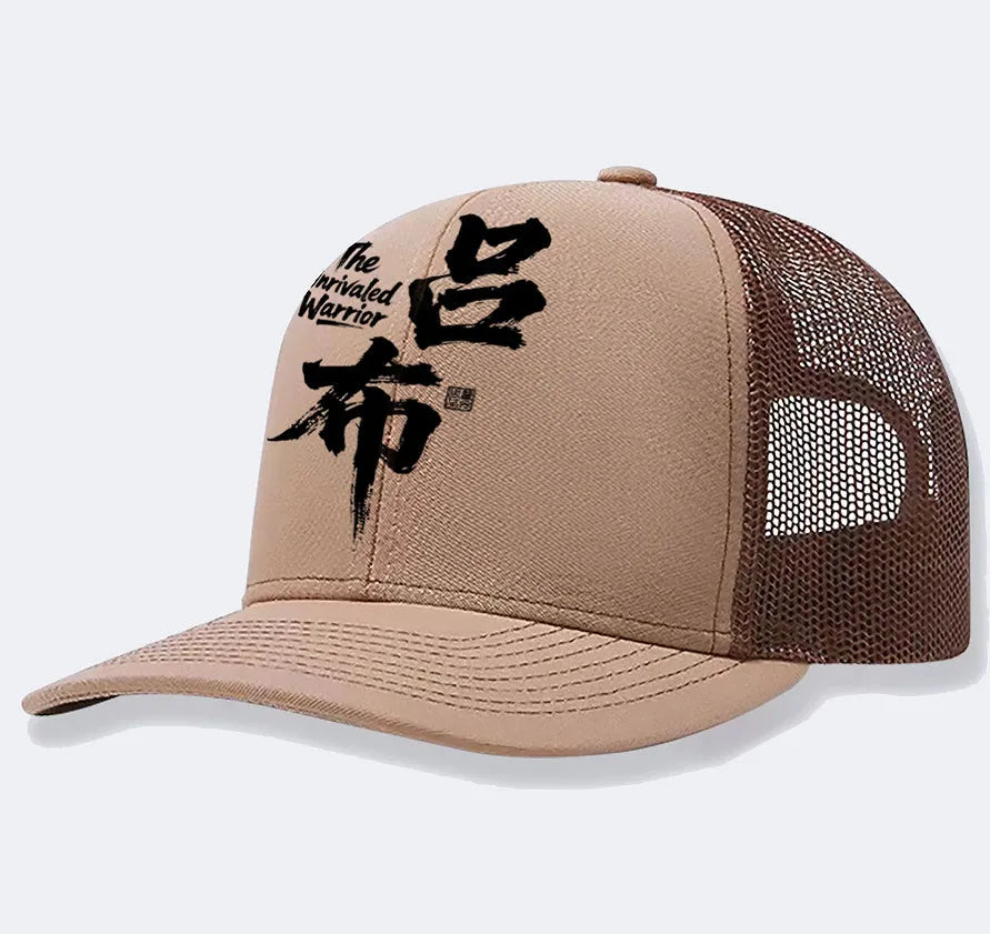 Men's black polyester baseball cap showing six-panel construction on a white background.
