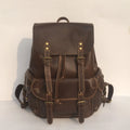 Brown genuine leather men's backpack with an air pillow belt system on the straps.