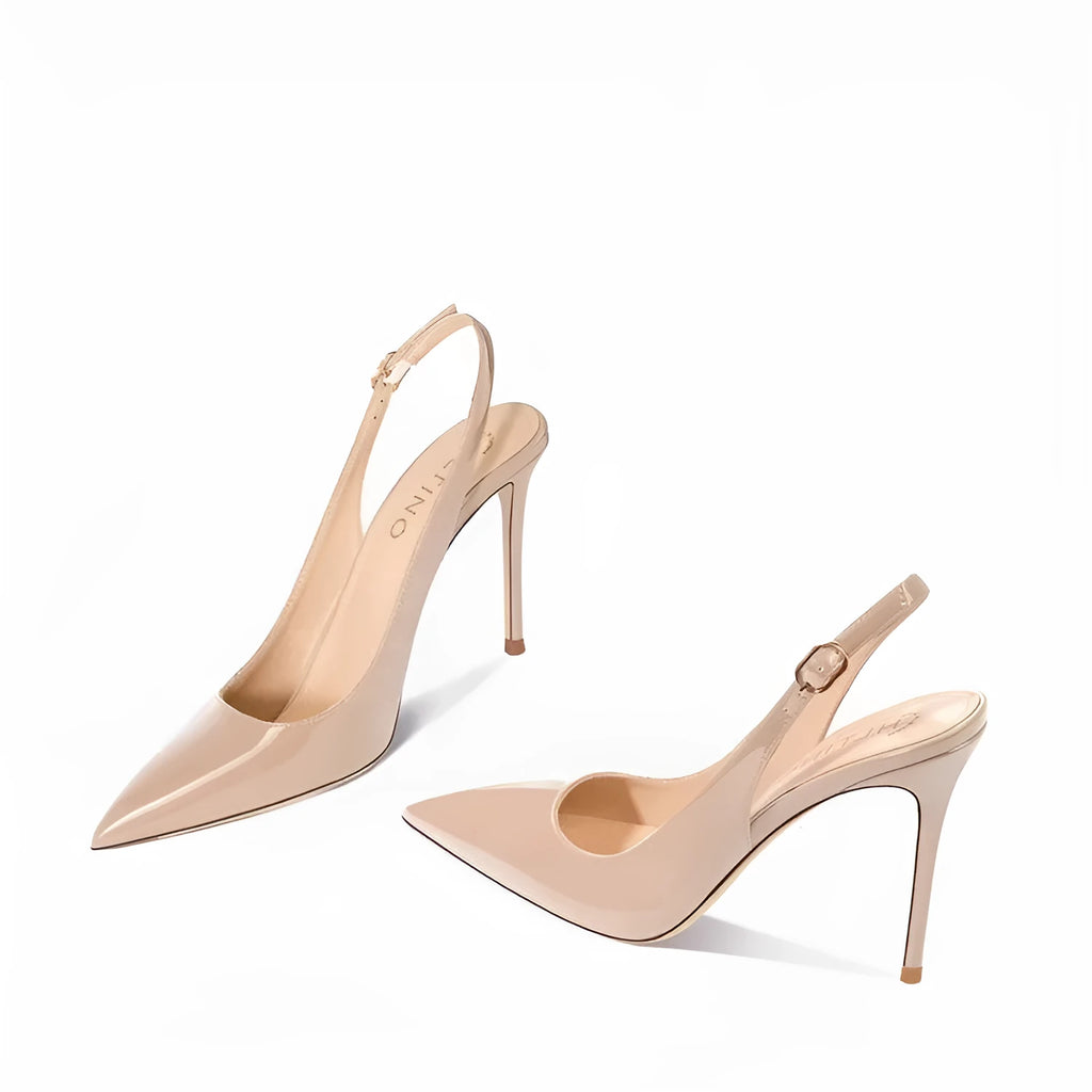 Women's nude soft PU leather ankle-strap high heels with hollow design detail
