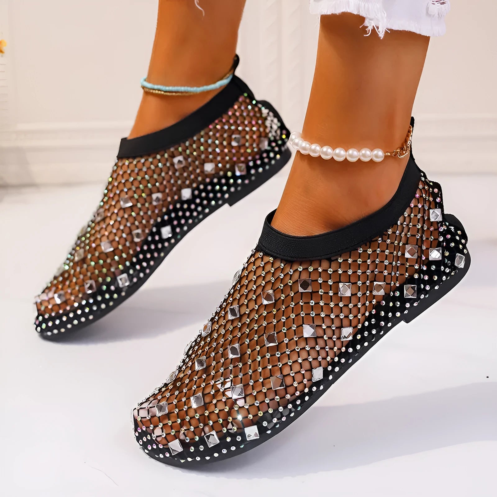 Women's colourful rhinestone flat sandals with mesh upper and rubber sole