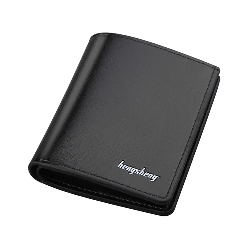 Men's thin PU leather two-fold wallet in black, 19 cm wide, with card slots and car suture stitching