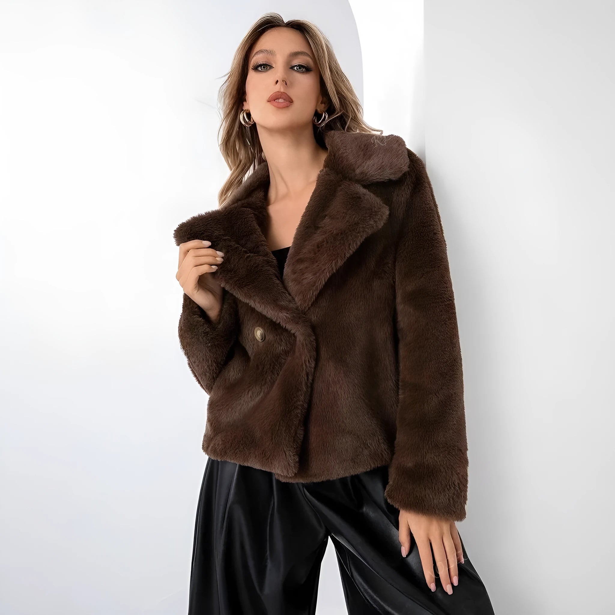 Women's loose-fit short coat in rose red faux fur with regular sleeves and fresh sweet style.
