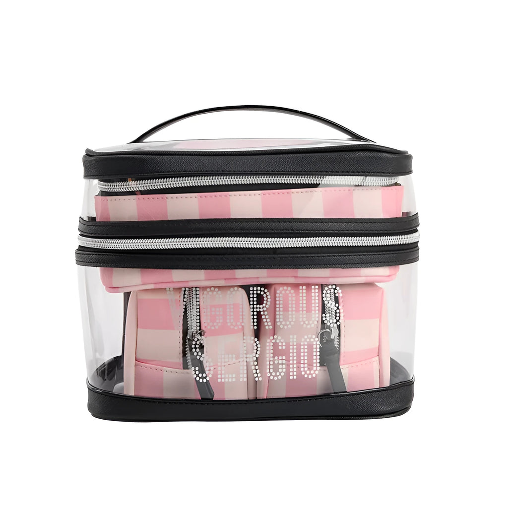 Pink bold stripe floral pattern makeup bag with folding design and waterproof synthetic leather