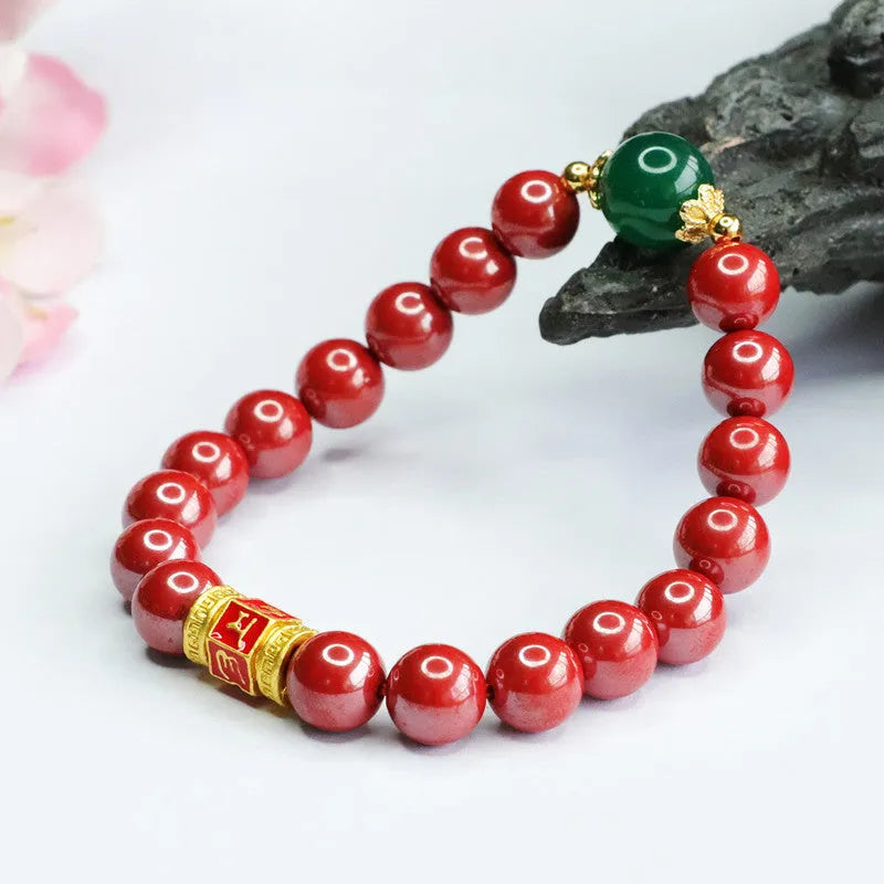 Cinnabar bracelet with Emperor Sandstone Six Words Motto design, 8mm bead size.