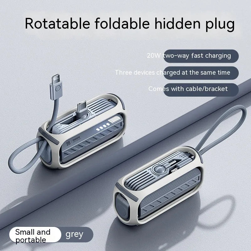 Capsule 20W 5000mAh mini power bank with folding bracket and built-in Type-C and Lightning cables in grey