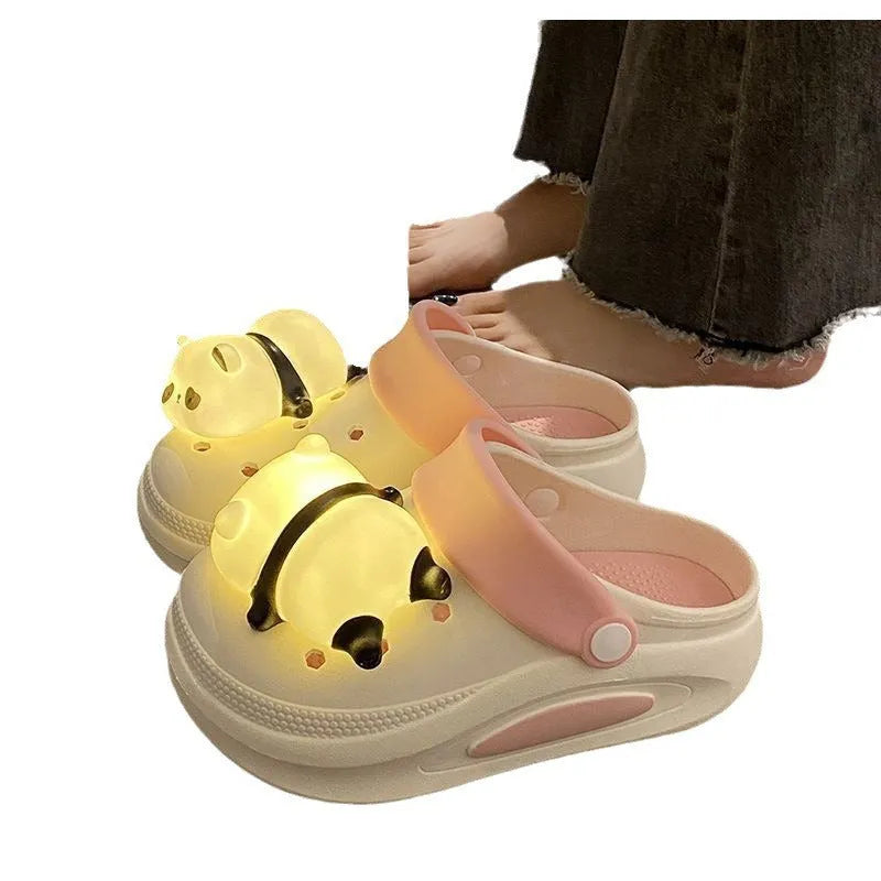 Women's anti-slip platform panda light hole slippers in Khaki, thick PVC sole, size 36-37