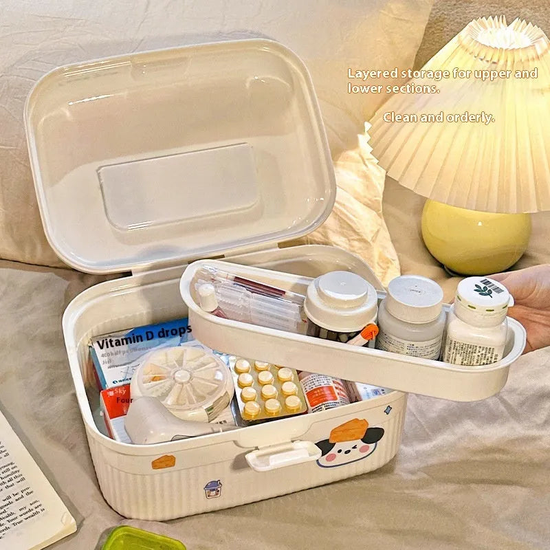Double-layer plastic storage box with handle showing capacity and included size stickers
