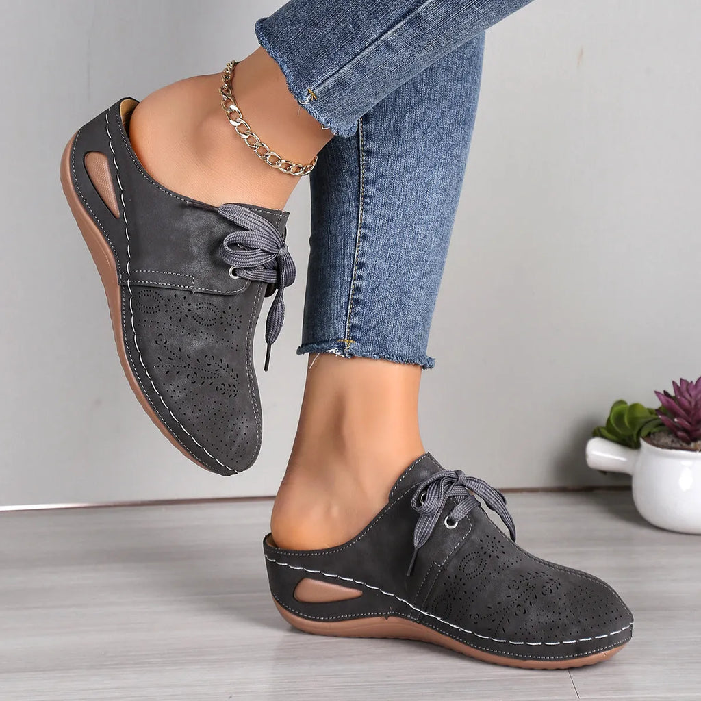 Women's lace-up baotou slippers with hollow out wedge design in suede with rubber sole