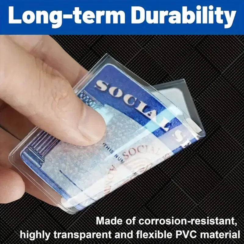 Clear transparent PVC wallet holding a social security card, showing waterproof cover dimensions of 9.7cm by 5.9cm.