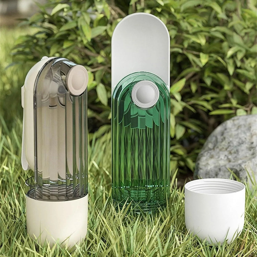Foldable dog water bottle with food container in beige colour for walking and hiking with pets