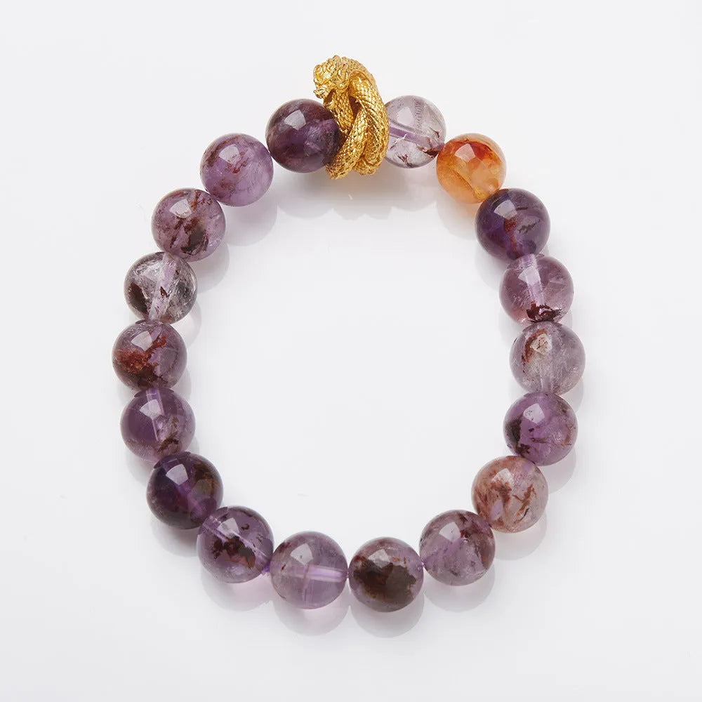 Purple ghost stone nine purple good luck crystal bracelet with 10mm beads and animal zodiac design.