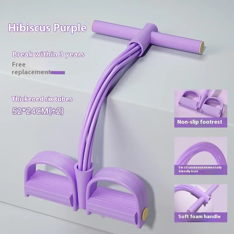 Purple household waist slimming pedal pulling rope tension device for home workouts on a floor.
