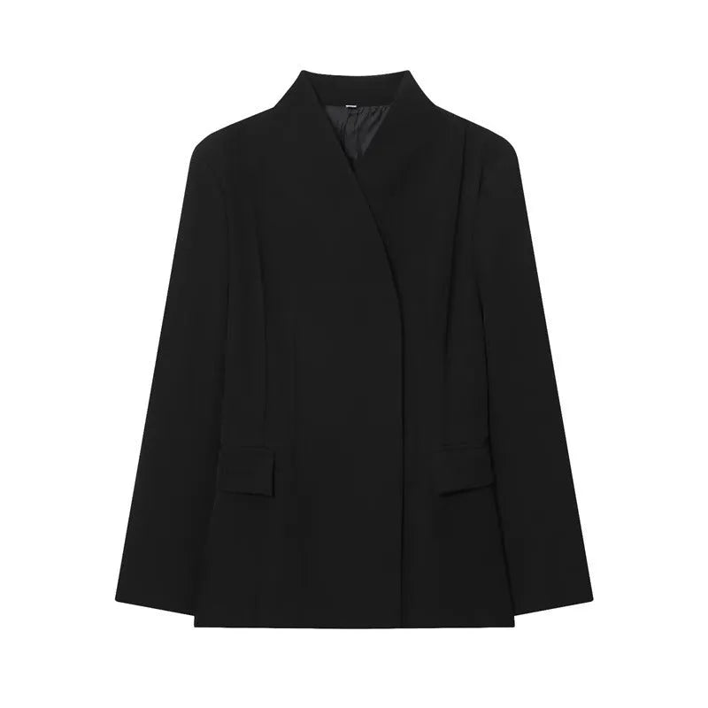 Women's black slim-fit polyester blended suit jacket with long sleeves, loose fit, solid colour