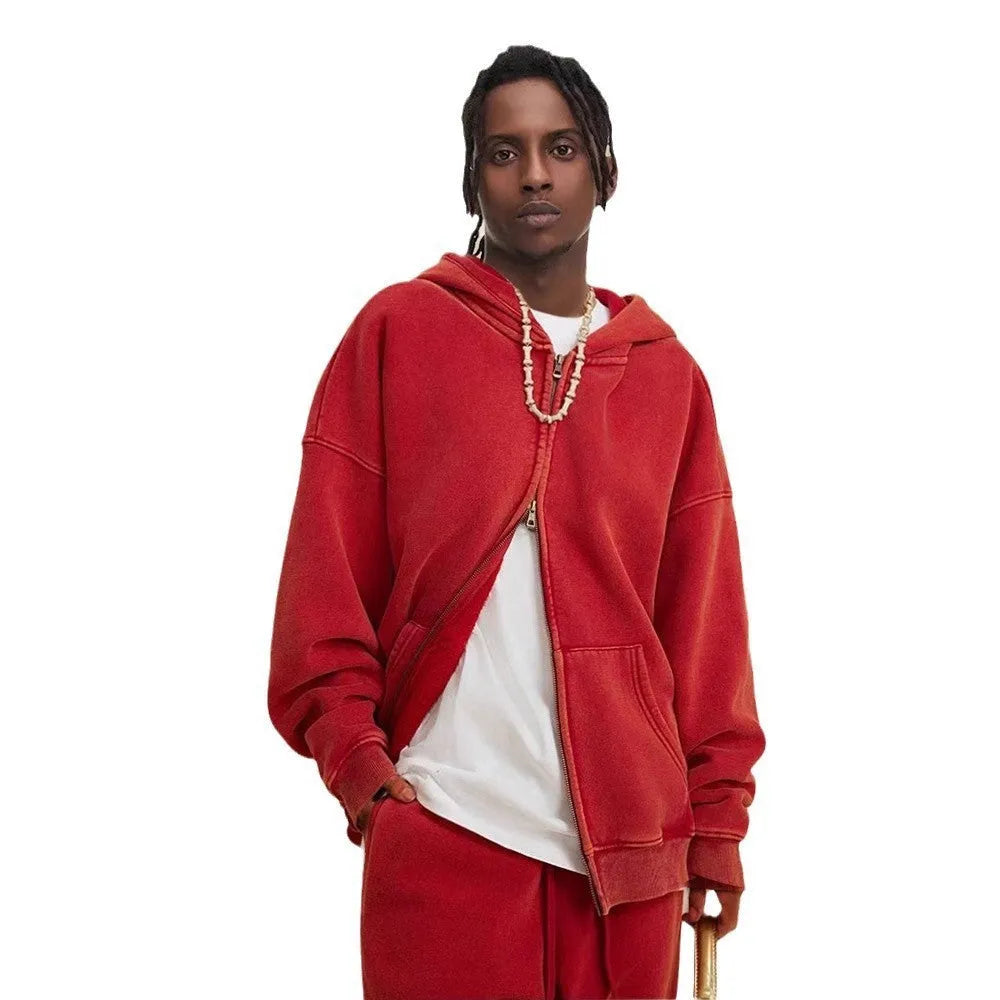 Men's washed cotton hooded cardigan with fleece lining and double zipper front.