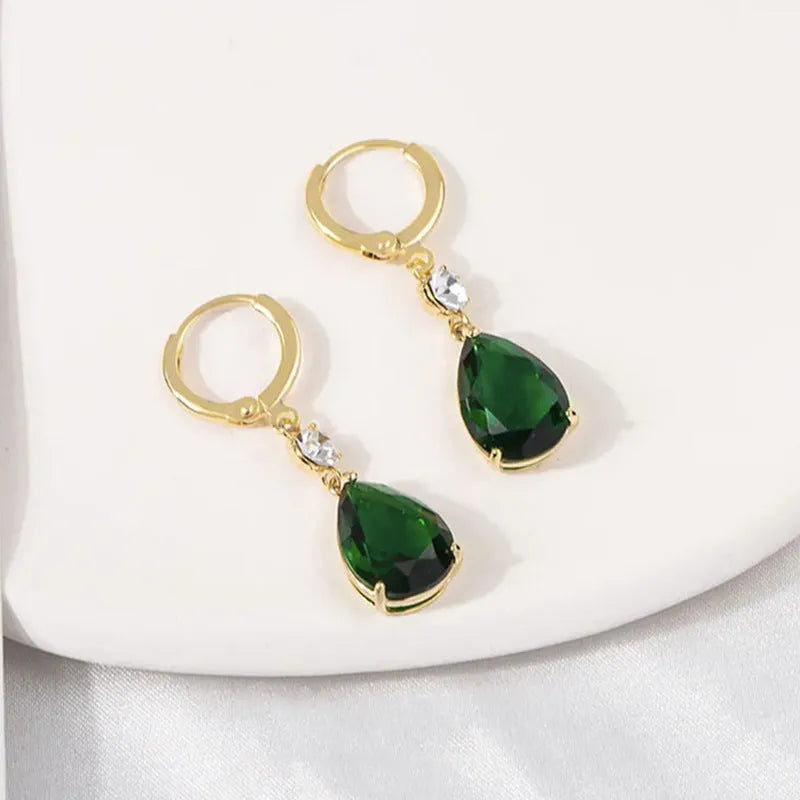 Green geometric teardrop earrings in alloy metal with drop-down design